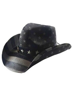 STRAW COWBOY HAT - Gray USA Flag Pattern with Striped Brim (Adult Size)